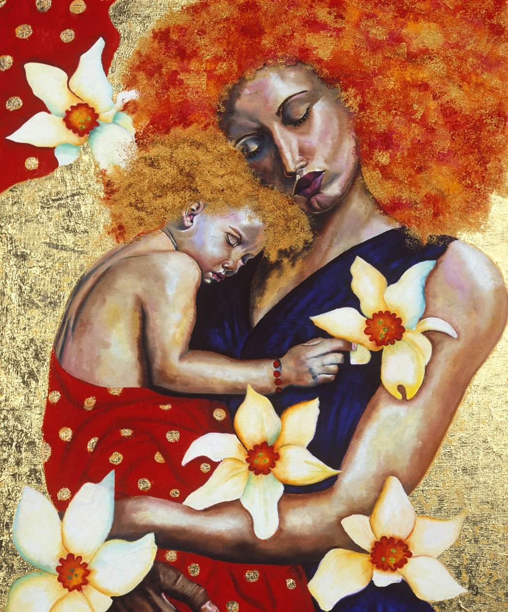 Matka a dítě, 2003 (olej s plátkovým zlatem na palubě) od Hilary Dunne