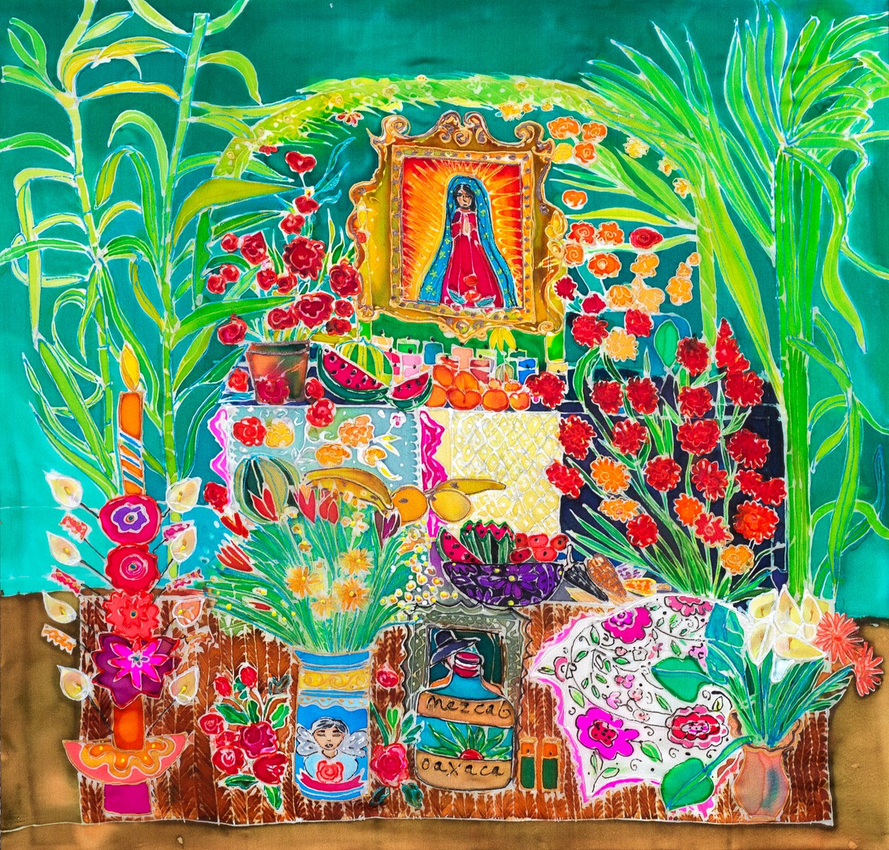 Svatyně, Den mrtvých, Oaxaca, 2023 (barvy na hedvábí) od Hilary Simon