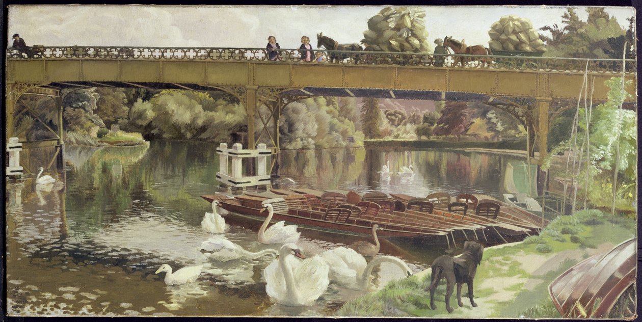 Swans, Cookham Bridge (olej na plátně) od Hilda Carline
