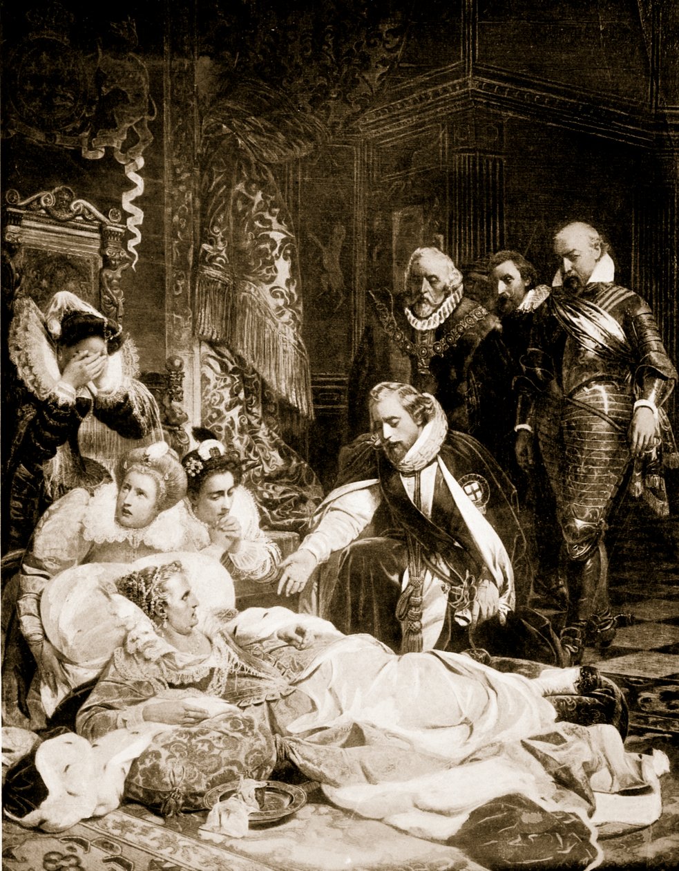 Smrt královny Alžběty, 24. března 1603, ilustrace z Hutchinsonovy knihy "Story of the British Nation", cca 1920. od Hippolyte Delaroche