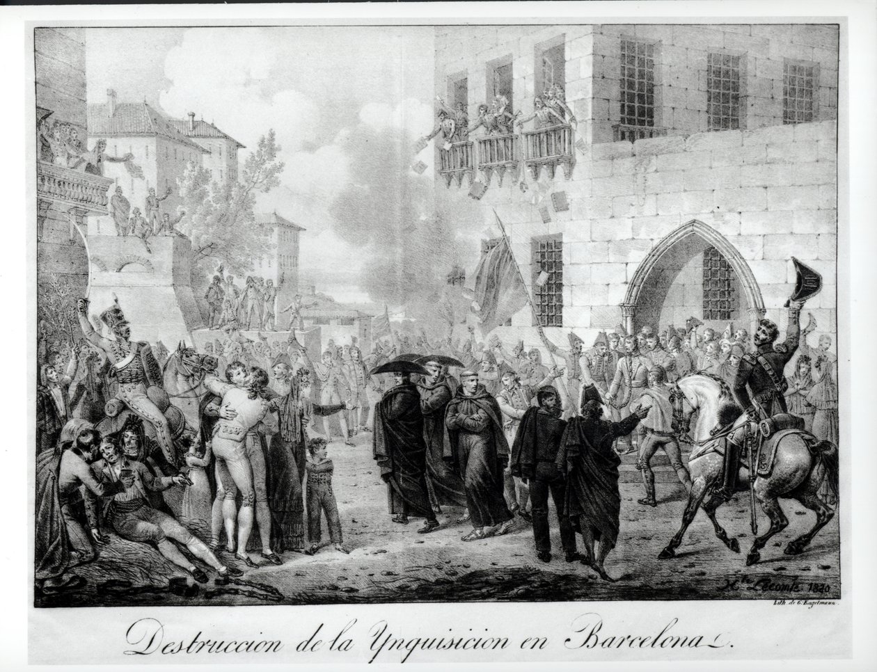 Zničení inkvizice v Barceloně, 10. března 1820, vyryto Godefroyem Engelmannem (1788-1839) od Hippolyte Lecomte
