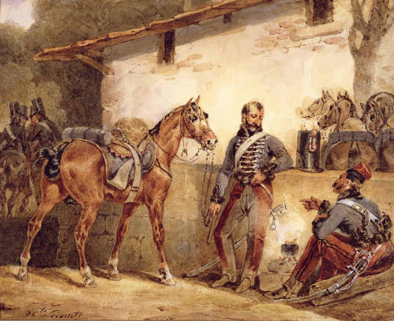 Francouzští vojáci na odpočinku, 1831 (wc und kvaš na papíře) od Hippolyte Lecomte