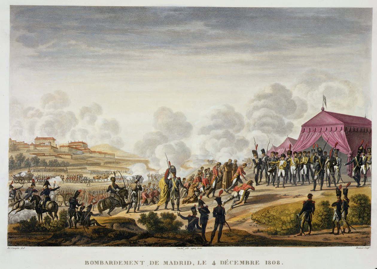 Bombardování Madridu, 4. prosince 1808, vyryto Edmem Bovinetem (1782-1832) (akvatinta) od Hippolyte Lecomte
