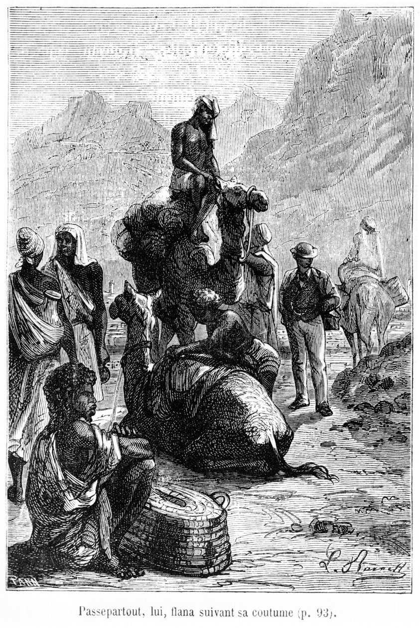 Passepartout se procházel jako obvykle, ilustrace z „Cesta kolem světa za osmdesát dní“ od Julese Verna (1828-1905) z konce 19. století od Hippolyte Leon Benett