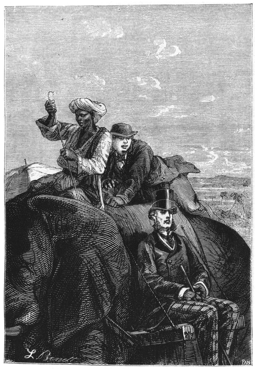 Phileas Fogg a Passepartout, ilustrace z „Cesta kolem světa za osmdesát dní“ od Julese Verna (1828-1905), konec 19. století od Hippolyte Leon Benett
