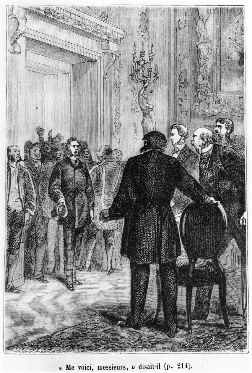 Phileas Fogg přijíždějící, ilustrace z „Cesta kolem světa za osmdesát dní“ od Julese Verna (1828-1905), vyrytý Henri Theophilem Hildibrandem (1824-97), konec 19. století od Hippolyte Leon Benett