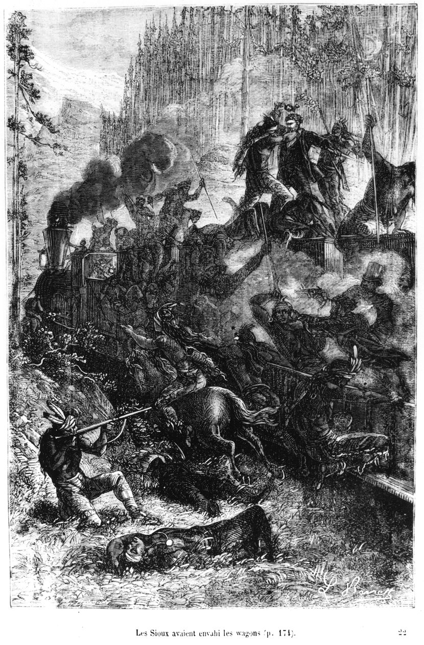 Siouxové útočí na vlak, ilustrace z „Cesta kolem světa za osmdesát dní“ od Julese Verna (1828-1905), konec 19. století od Hippolyte Leon Benett