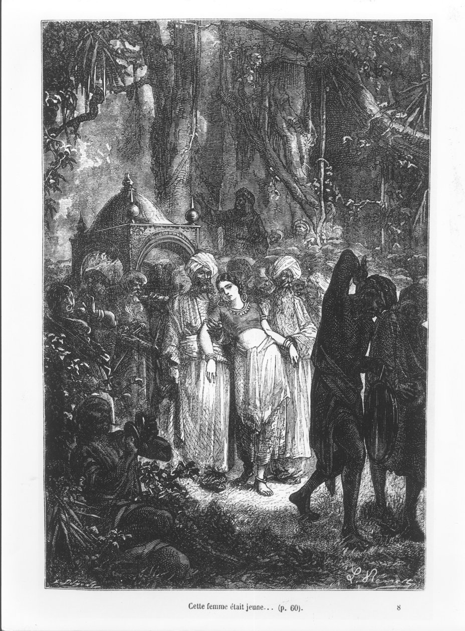 Tato žena byla mladá, ilustrace z „Cesta kolem světa za osmdesát dní“ od Julese Verna (1828-1905), vyryla Louise Dumonta (nar. 1822) 1873 od Hippolyte Leon Benett