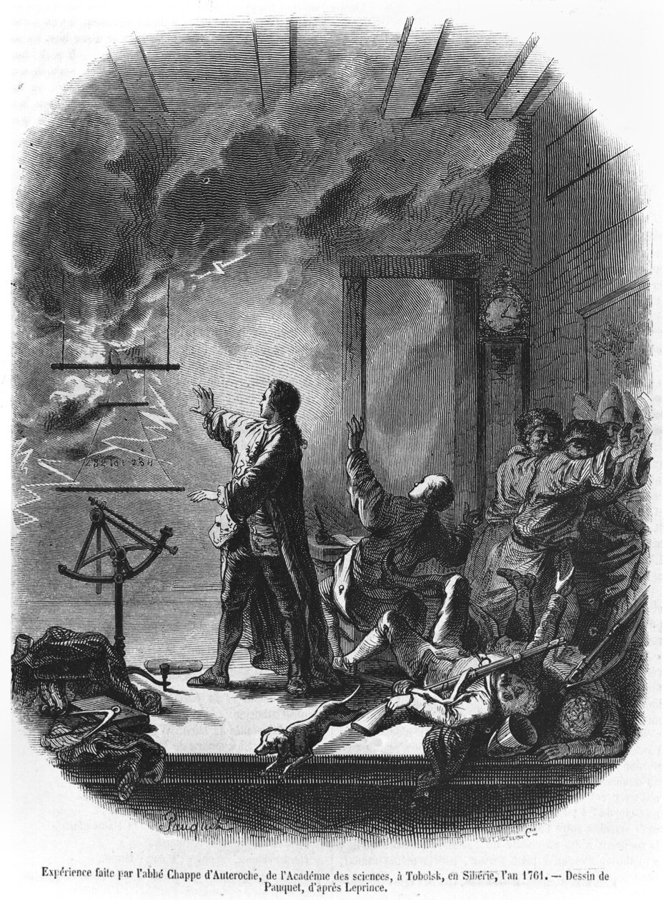 Jean Chappe dAuteroche (1722-69) Experimentování s elektřinou v roce 1761, Tobolsk, Sibiř, ilustrace z Le Magasin Pittoresque, 1855 (černobílá fotografie) od Hippolyte Louis Pauquet