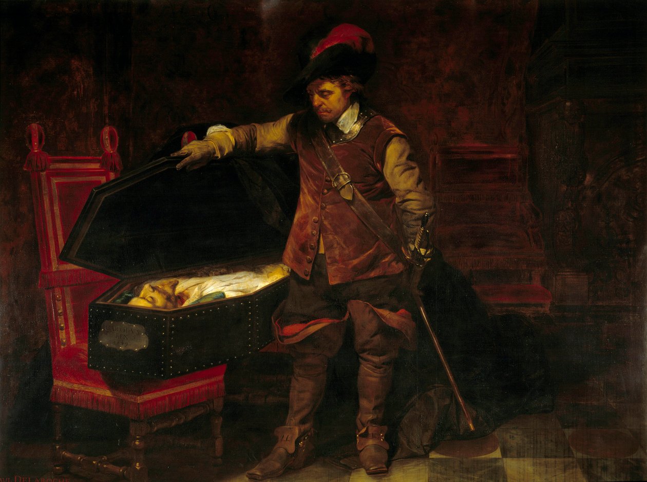 Cromwell před rakví Karla I. Stuarta (1649). Oliver Cromwell (1599-1658) uvalil proces s anglickým králem, který byl odsouzen a odsouzen 9. února od Paul Delaroche