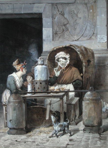 Prodejce kávy na rohu Porte Saint-Denis, 1830 (wc na papíře) od Hippolyte Adam