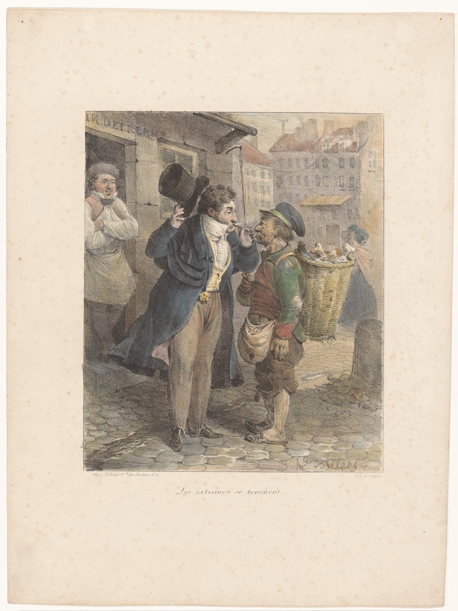 Dobře oblečený pán si zapaluje doutník z dýmky dělníka v hadrech Les extrêmes se touchent (nadpis na objektu) Litografické skici (název série) Croquis lithographiques (název série na předmětu) od Hippolyte Bellange