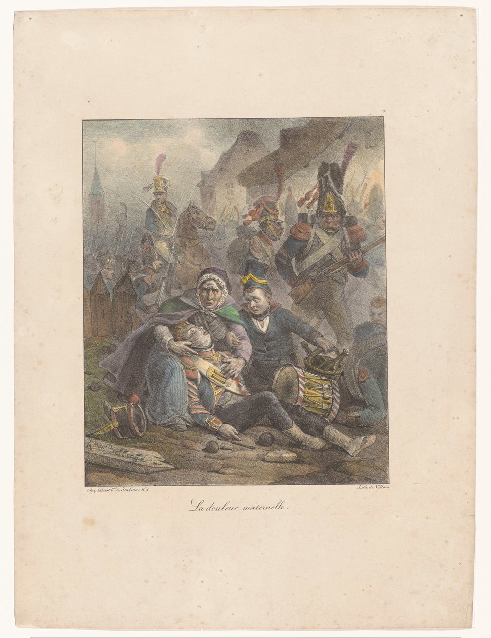 Matka truchlí nad svým smrtelně zraněným synem na bojišti La douleur maternelle (název na objektu) Litografické skici (název série) Croquis lithographiques (název série) od Hippolyte Bellange