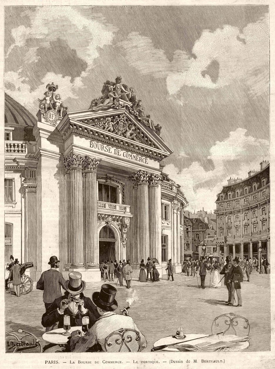 Burza cenných papírů v Paříži v roce 1889. Kresba M. Berteault od Hippolyte Berteaux