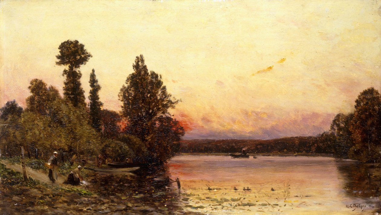 Západ slunce, na okraji řeky, 1904 od Hippolyte Camille Delpy