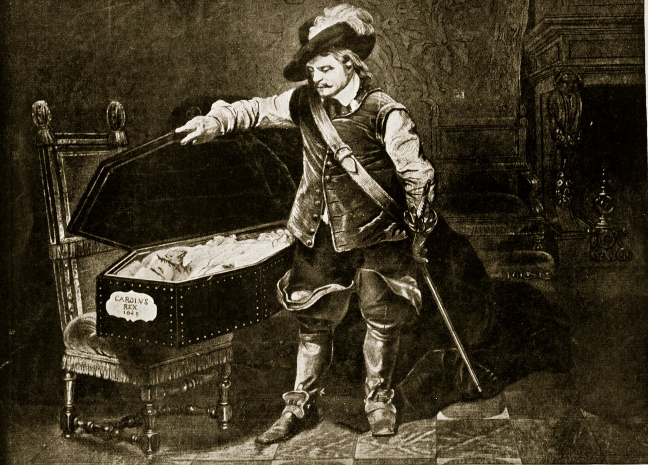 Cromwell si prohlíží tělo Karla I., ilustrace z knihy "Hutchinson