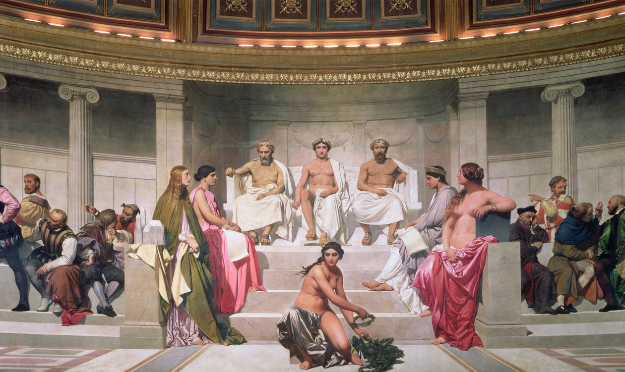 Polokolo: Umělci všech věků, detail fresky Ictinus, Apelles a Phidias, 1836-41 viz také 83553 a 83555 od Hippolyte Delaroche