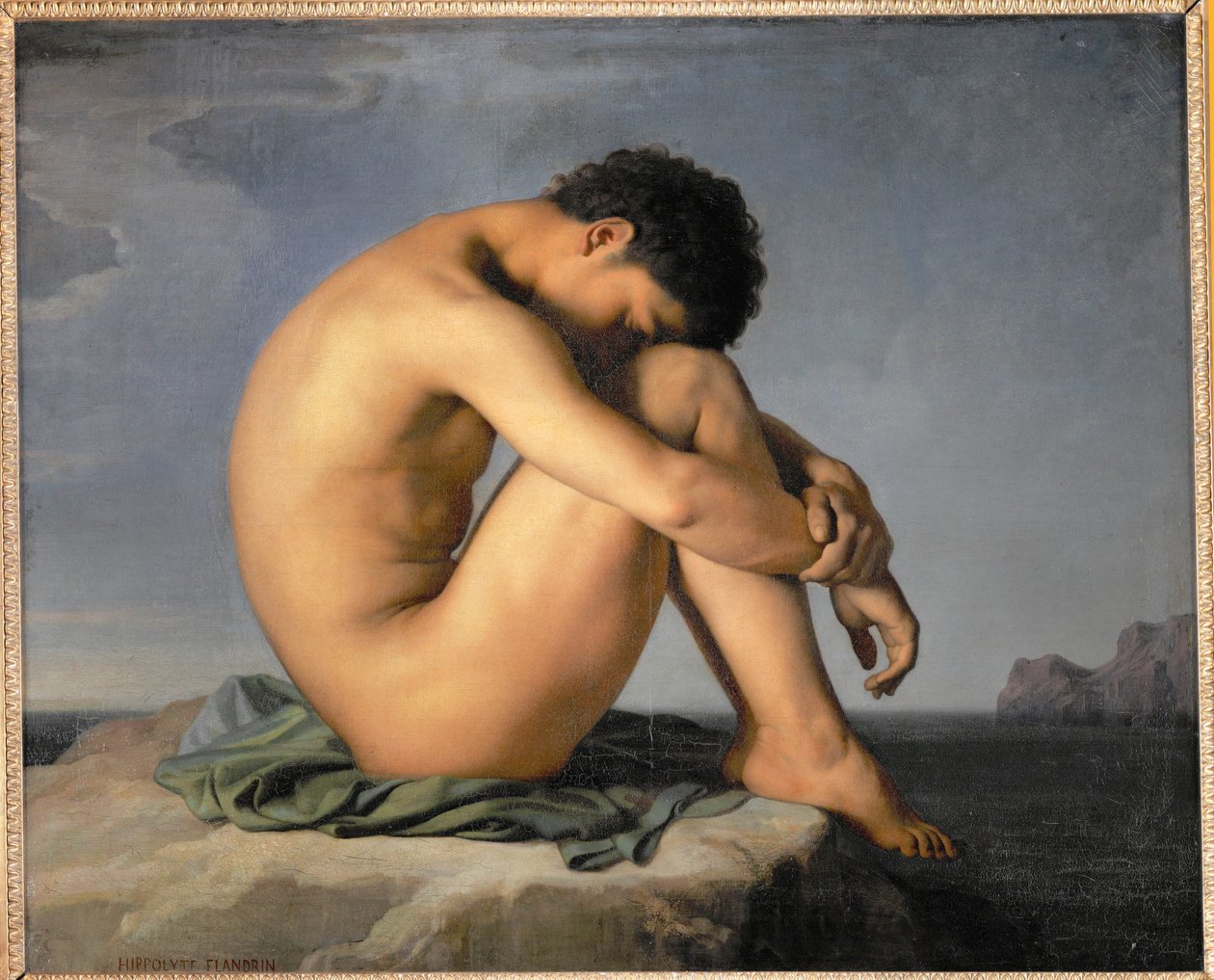 Nahý mladý muž sedící u moře ... od Hippolyte Flandrin
