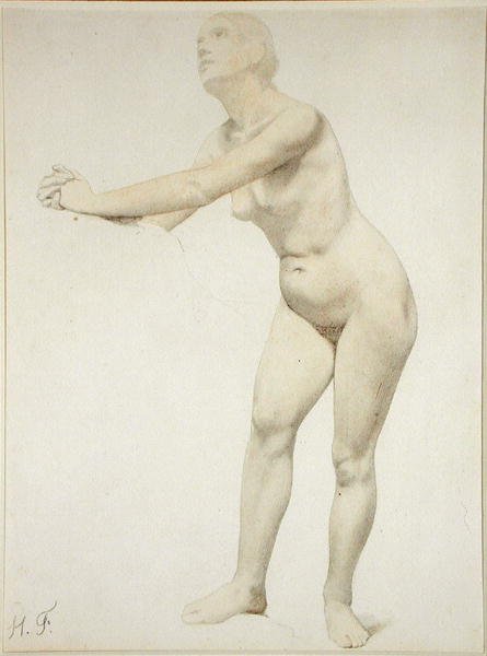 Akt (tužka a akvarel na papíře) od Hippolyte Flandrin