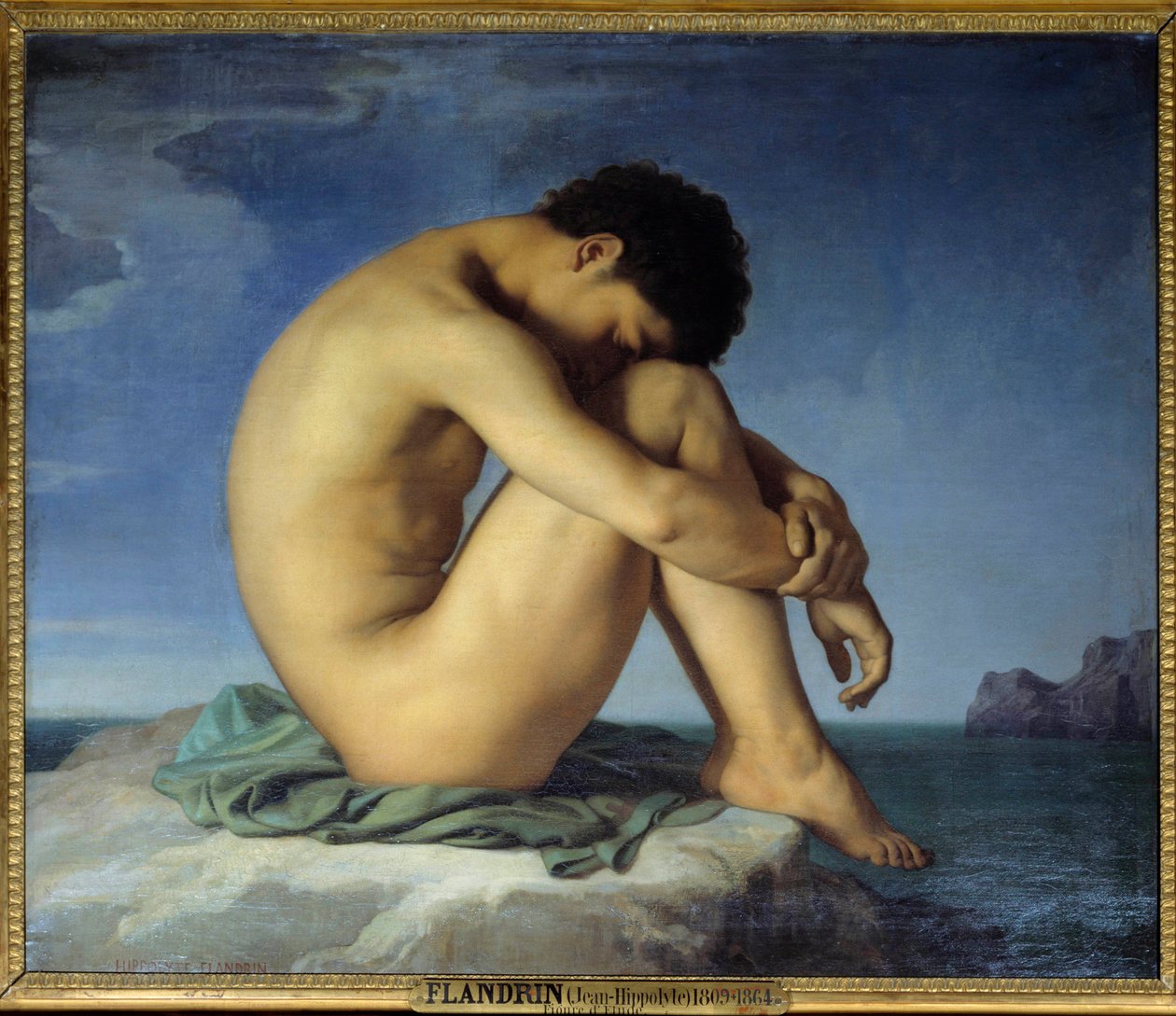 Mladý nahý muž sedící u moře Myslitel v ústupové pozici (introspekce). Obraz Hippolyte Flandrin (1809-1864) 1836. Olej na plátně. Slunce. 0,98x1,24 m - Mladý nahý muž sedící na okraji moře. Myslitel ve fetální, spánkové poloze prot od Hippolyte Flandrin