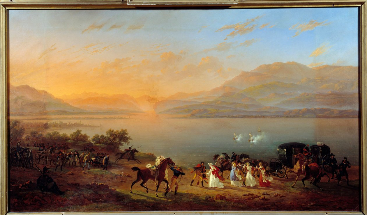 Útok vozu Josephine de Beauharnais, Madam Bonaparte, na břehu jezera Garda rakouskými loděmi, 30. července od Hippolyte Lecomte