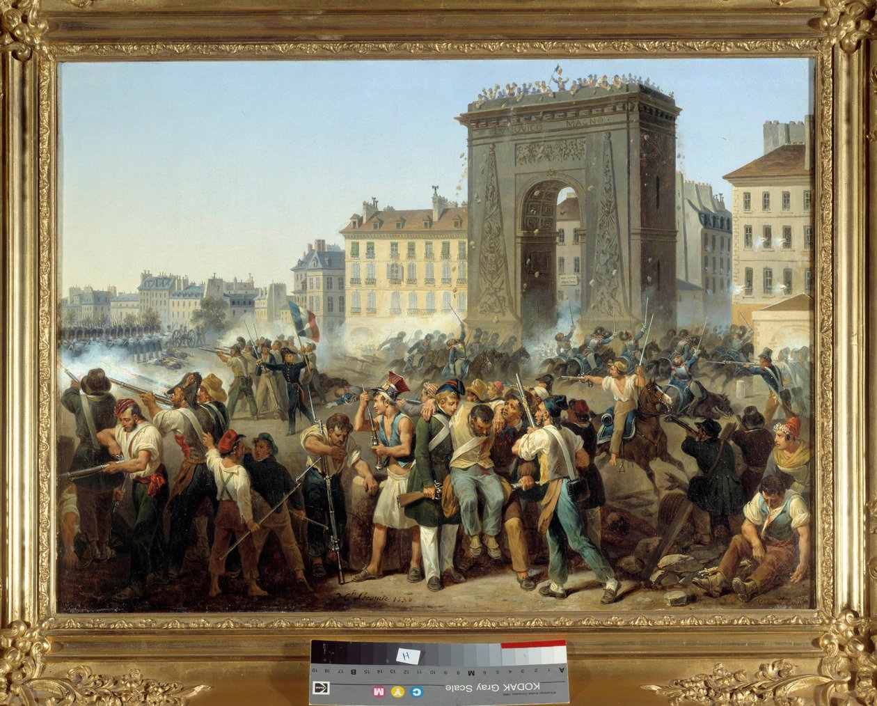 Bitva u brány Saint Denis 28. července 1830 Pařížské povstání během revoluce roku 1830 nebo Trois Glorieuses. Obraz Hippolyte Lecomte (1781-1857). 1830. Rozm. 0,43 x 0,60 m. Paříž, Musee Carnavalet – Boj u Porte Saint Denis, 28. července 1830 od Hippolyte Lecomte