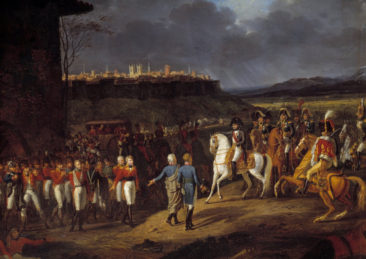 Španělské tažení: „“ Císař Napoleon I. byl představen ve španělské Astorze anglickým zajatcům a nařídil jim, aby se s nimi zacházelo se zvláštní péčí, leden 1809“ Detail. Obraz od Hippolyte Lecomta (1781-1857) 1810 Sun. 1,13x1,52 m od Hippolyte Lecomte