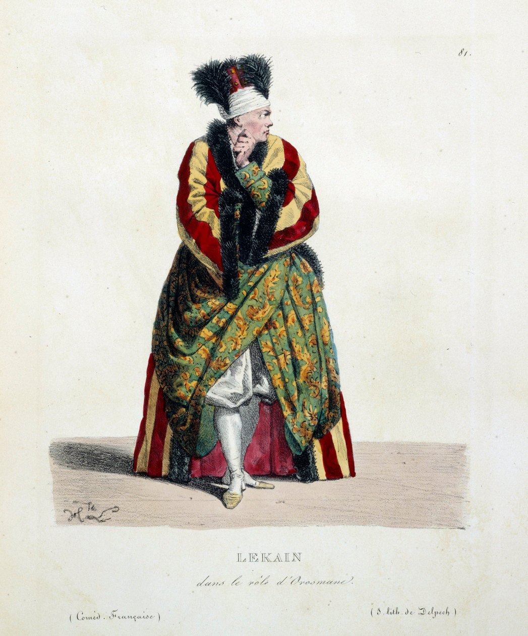 Francouzský herec Henri Louis Cain zvaný Lekain nebo Le Kain (1729-1778) v roli Orosmanea ve Voltairově hře Zair (1694-1746) ve Francouzské komedii. Litografie od Hippolyte Lecomta (1781-1857) Soukromá sbírka z 19. století od Hippolyte Lecomte