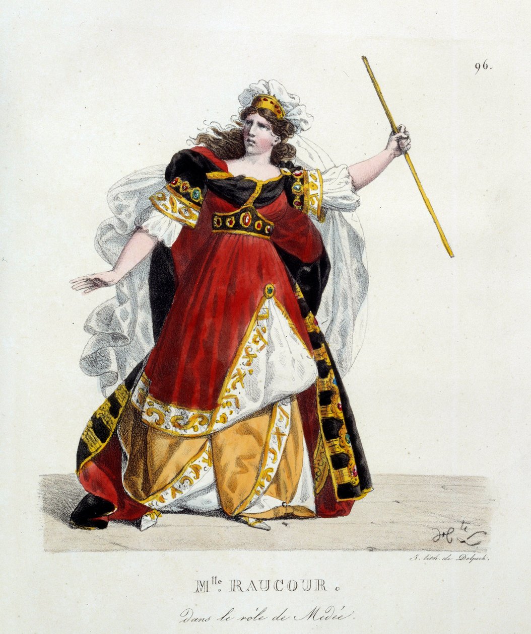 francouzská herečka Mademoiselle Raucourt (zemřela 1815) v roli Medee v Comedie Francaise; Litografie od Hippolyte Lecomta (1781-1857) od Hippolyte Lecomte