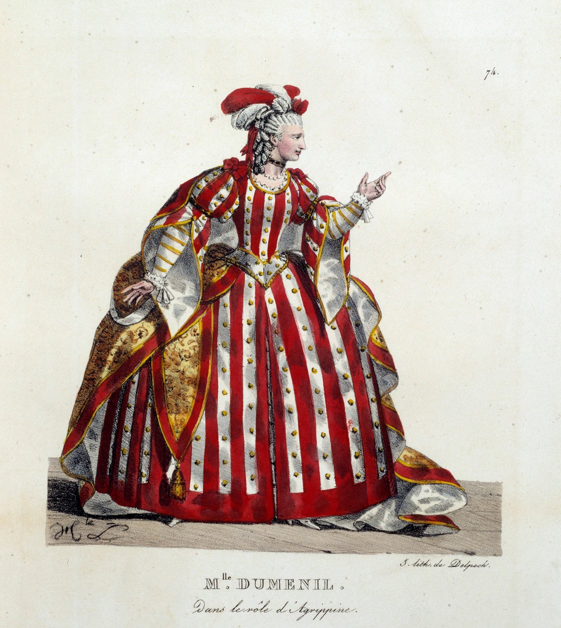 Francouzská herečka Marie Francoise Marchand zvaná Mademoiselle Dumesnil (1713-1803) v roli Agrippine v kusu „Britannicus“ od Jeana Racina (1639-1699) ve Francouzské komedii. Litografie od Hippolyte lecomte (1781-1857). Soukromá sbírka od Hippolyte Lecomte