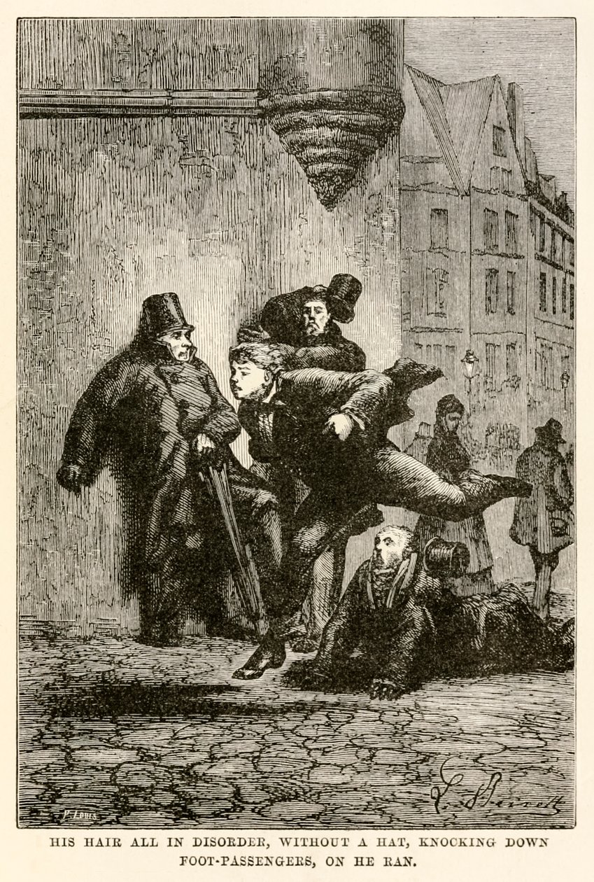 Jeho vlasy byly celé v nepořádku, bez klobouku, srážely chodce, na kterých běžel, z „Cesta kolem světa za osmdesát dní“ od Julese Verna (1828-1905), vyryl Louis od Hippolyte Leon (after) Benett
