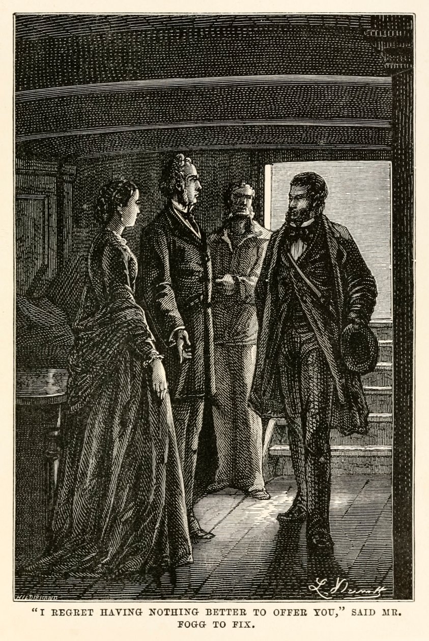 „Lituji, že vám nemohu nabídnout nic lepšího,“ řekl pan Fogg Fixovi, z knihy Cesta kolem světa za osmdesát dní“ od Julese Verna (1828-1905), vyrytého Henri-Théophilem Hildebrandem (1824-97) od Hippolyte Leon (after) Benett