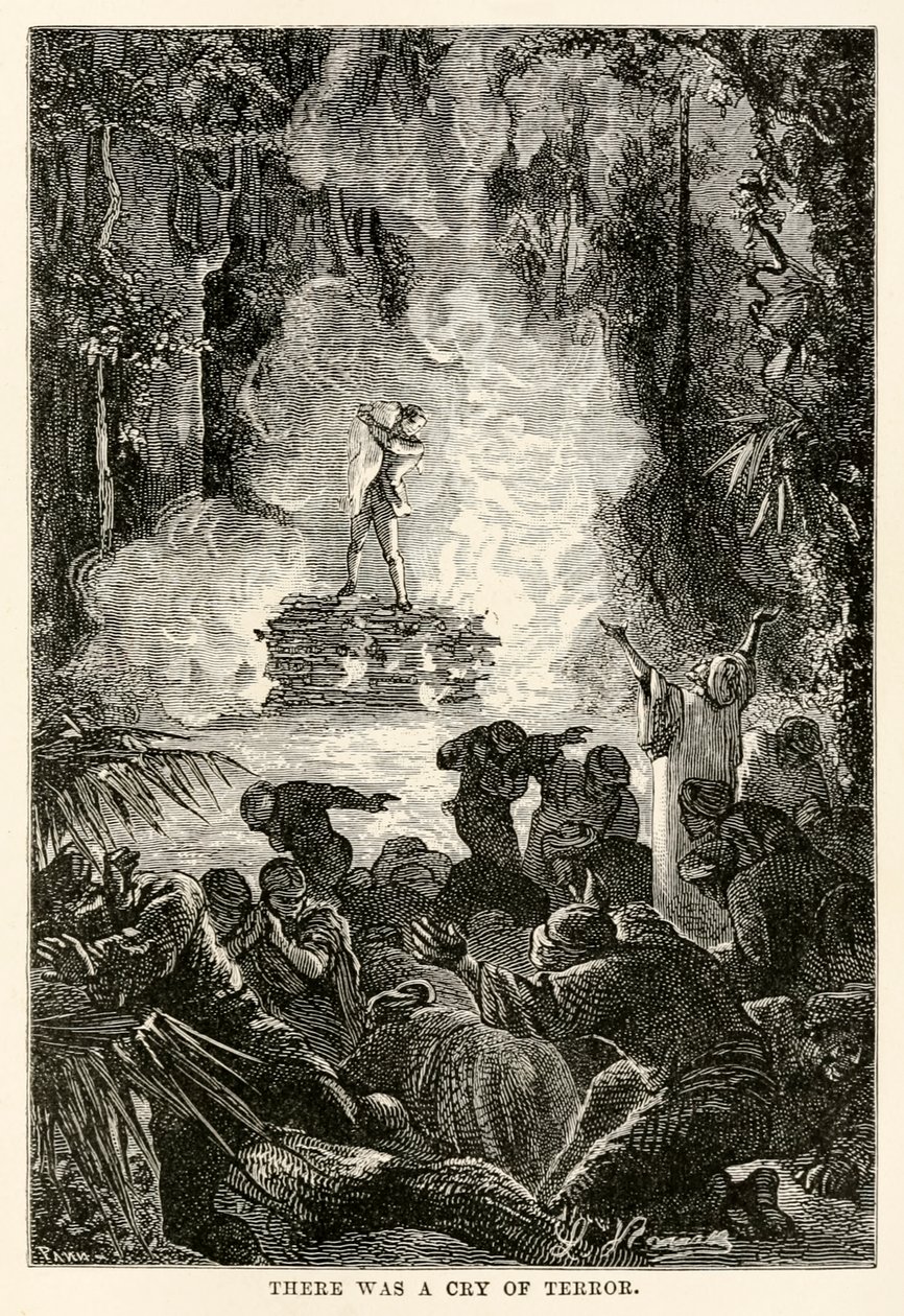 Ozval se výkřik hrůzy z knihy „Cesta kolem světa za osmdesát dní“ od Julese Verna (1828–1905), kterou vyryl Adolphe François Pannemaker (1822–1900) od Hippolyte Leon (after) Benett