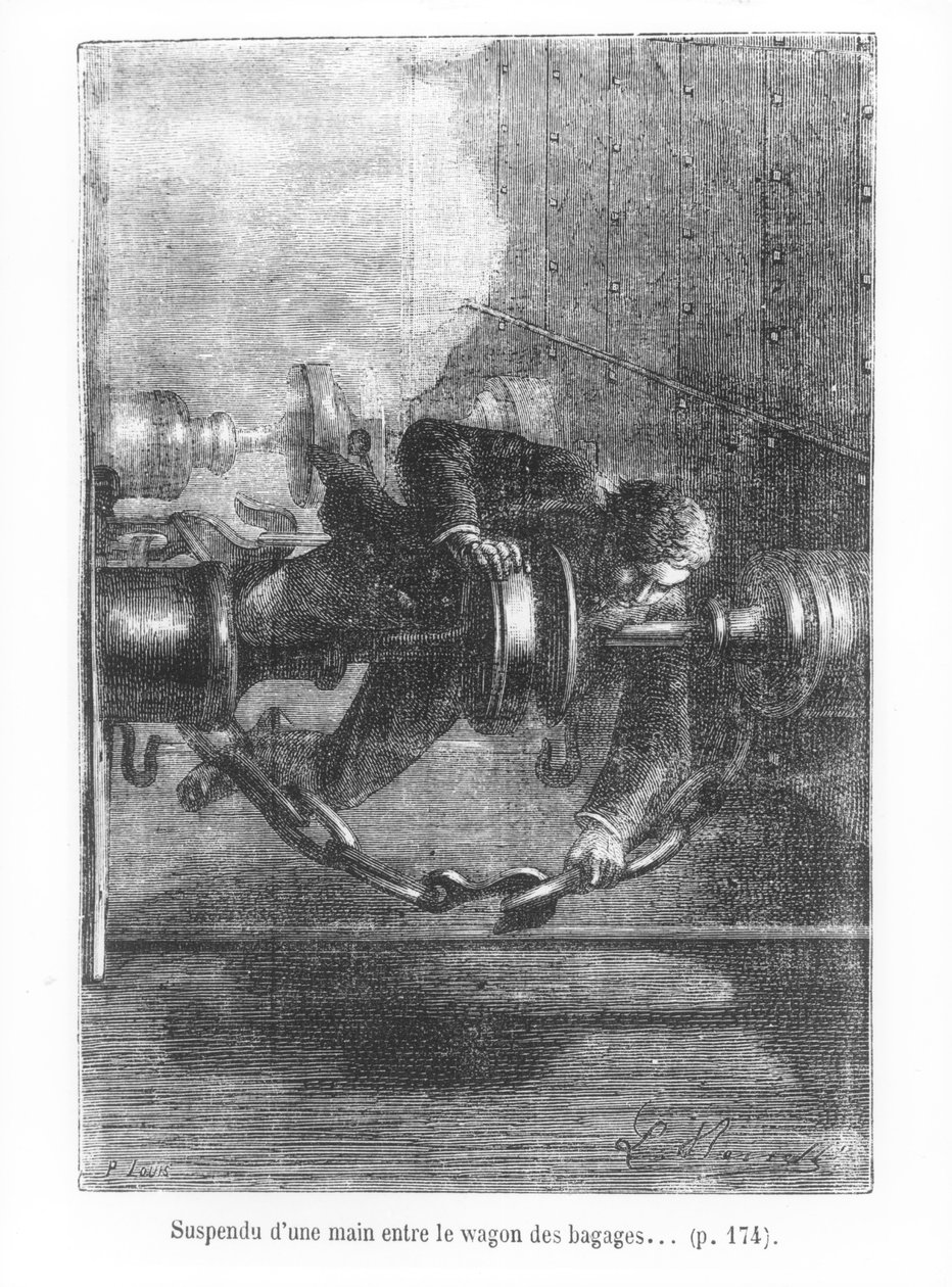 Visí na jedné ruce mezi zavazadlovým vozem, ilustrace z „Cesta kolem světa za osmdesát dní“ od Julese Verna (1828-1905), vyryla P. Louis, 1873 od Hippolyte Leon Benett