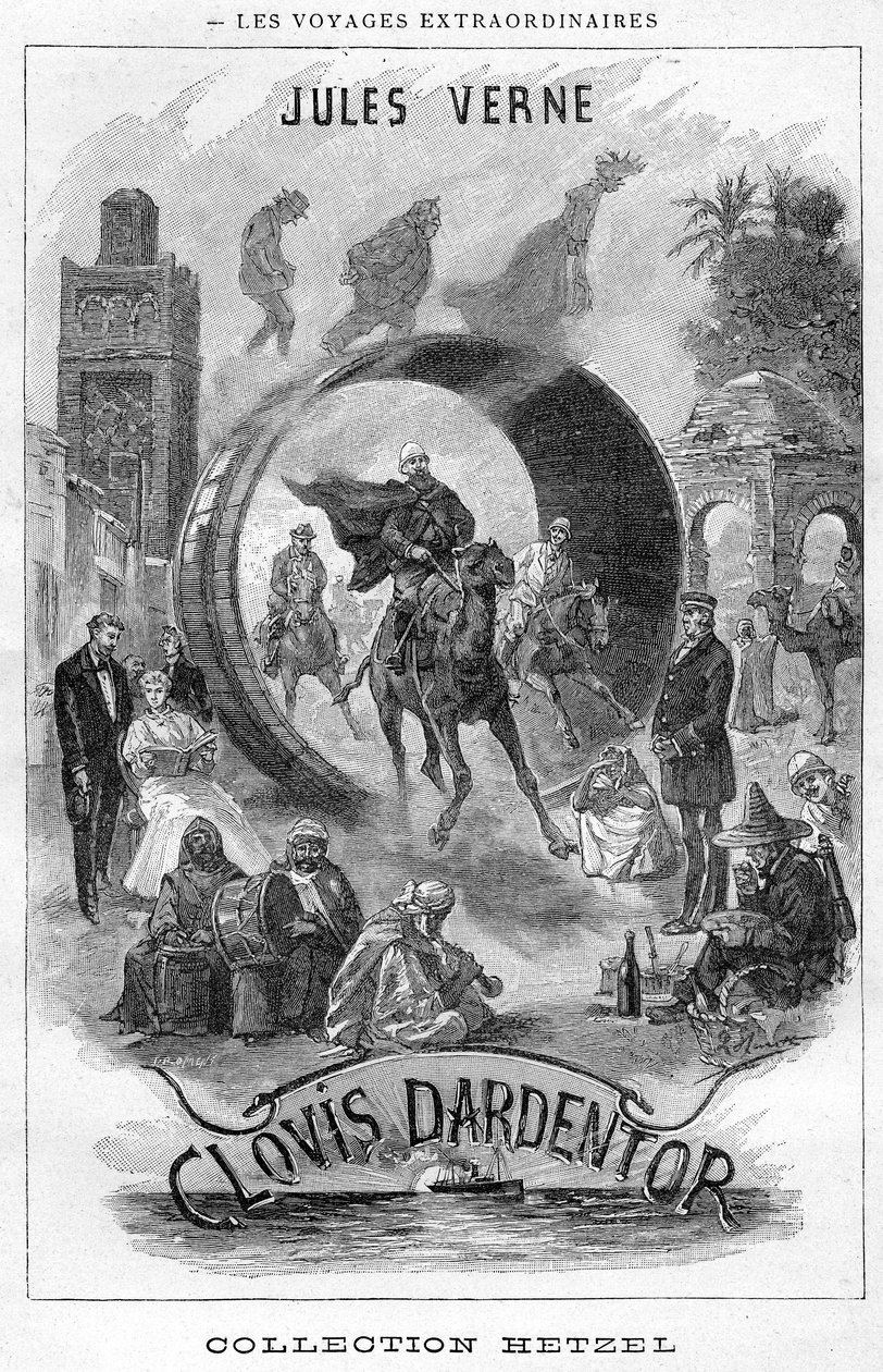 Ilustrace knihy „Clovis Dardentor“ od Julese Verna, rytina frontispice edice Hetzel od Hippolyte Leon Benett