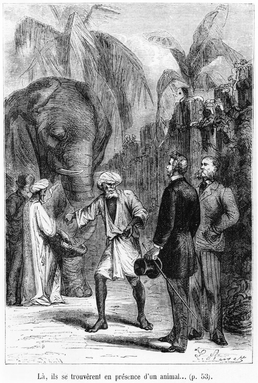 Phileas Fogg před slonem, ilustrace z „Cesta kolem světa za osmdesát dní“ od Julese Verna (1828-1905), konec 19. století od Hippolyte Leon Benett