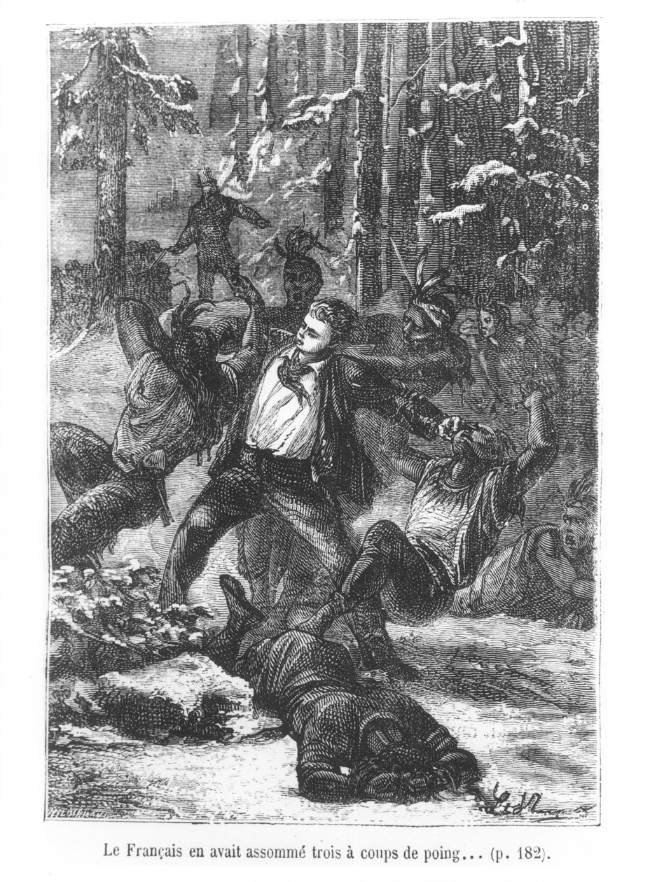 Francouz dokázal tři z nich zploštit úderem, ilustrace z knihy Cesta kolem světa za osmdesát dní od Julese Verna (1828-1905) vyryla Henri Theophile Hildibrand (1824-97) 1873 (rytina od Hippolyte Leon Benett