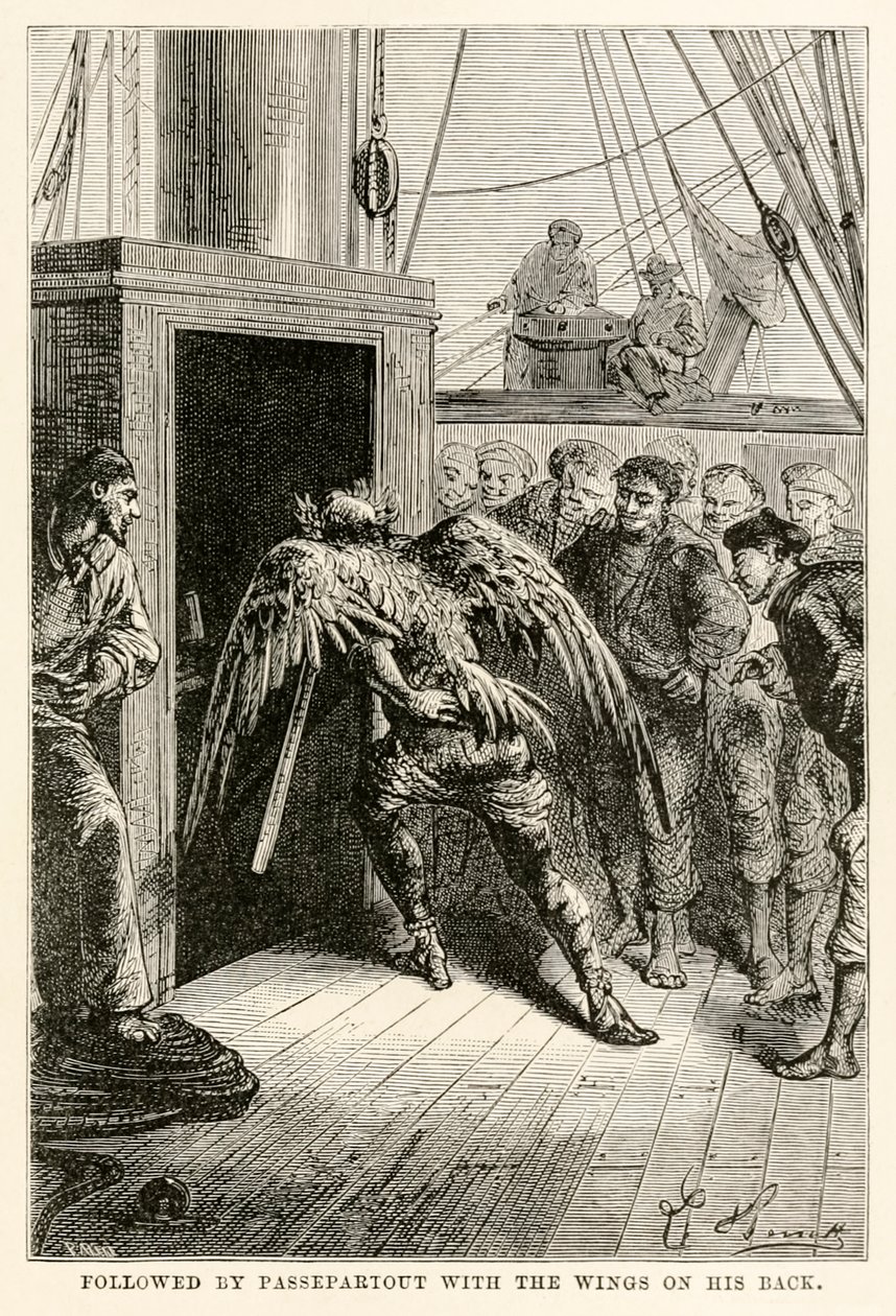 Následuje Passepartout s křídly na zádech, z filmu Cesta kolem světa za osmdesát dní od Julese Verna (1828-1905), vyrytý Adolphem Françoisem Pannemakerem (1822-1900), 1873 od Hippolyte Leon after Benett