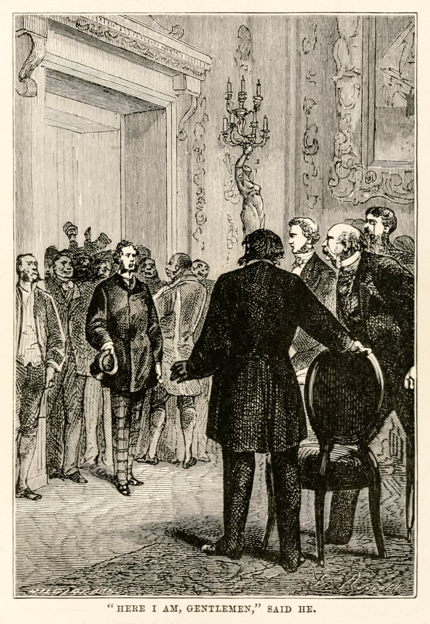 Tady jsem pánové, řekl, z knihy Cesta kolem světa za osmdesát dní od Julese Verna (1828-1905), vyryté Henri-Théophilem Hildebrandem (1824-97), 1873 od Hippolyte Leon after Benett