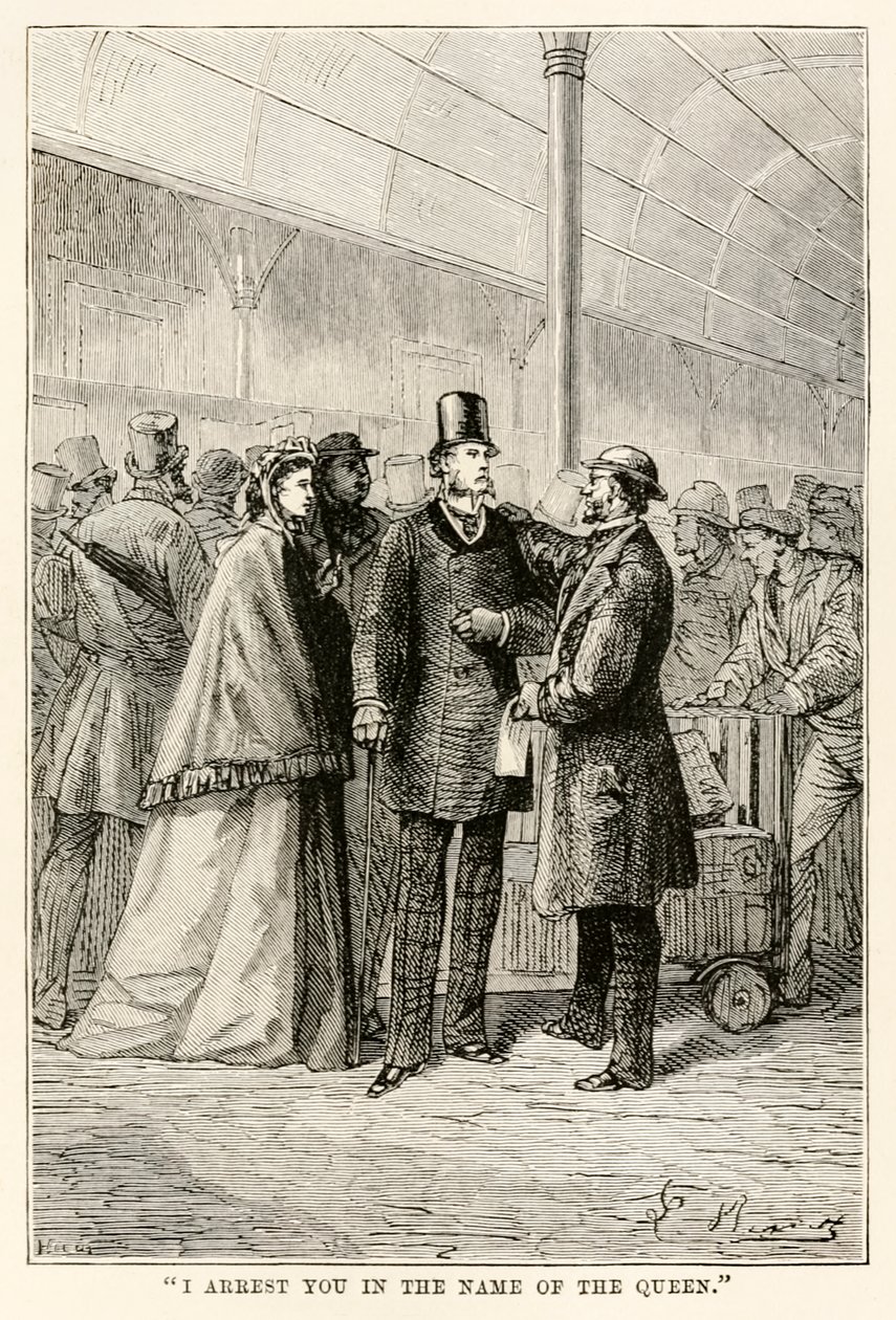 Zatýkám vás ve jménu královny, z knihy Cesta kolem světa za osmdesát dní od Julese Verna (1828-1905), 1873 od Hippolyte Leon after Benett