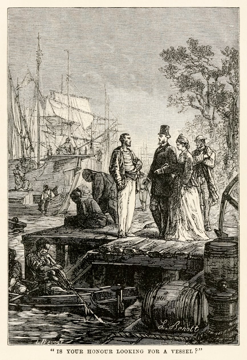 Hledá vaše čest loď?, z knihy Cesta kolem světa za osmdesát dní od Julese Verna (1828-1905), vyryl Louis Prevost, 1873 od Hippolyte Leon after Benett