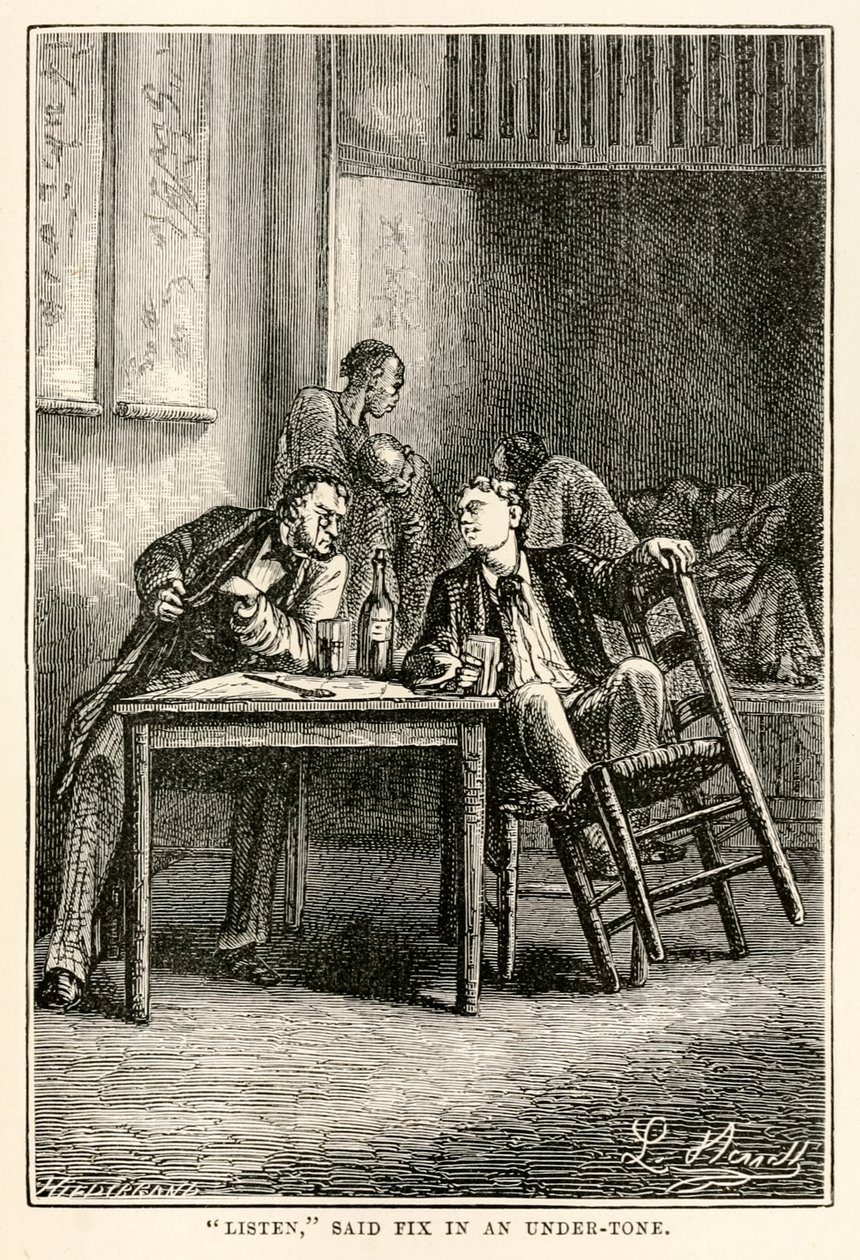 Poslouchejte, řekl Fix v podtónu, z knihy Julese Verna (1828-1905) Cesta kolem světa za osmdesát dní, kterou vyryl Henri-Théophile Hildebrand (1824-97), 1873. od Hippolyte Leon after Benett