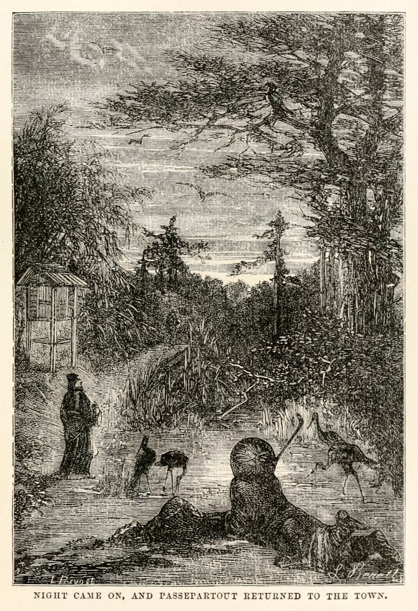 Nastala noc a Passepartout se vrátil do města, z Cesta kolem světa za osmdesát dní od Julese Verna (1828-1905), vyryl Louis Prevost, 1873 od Hippolyte Leon after Benett