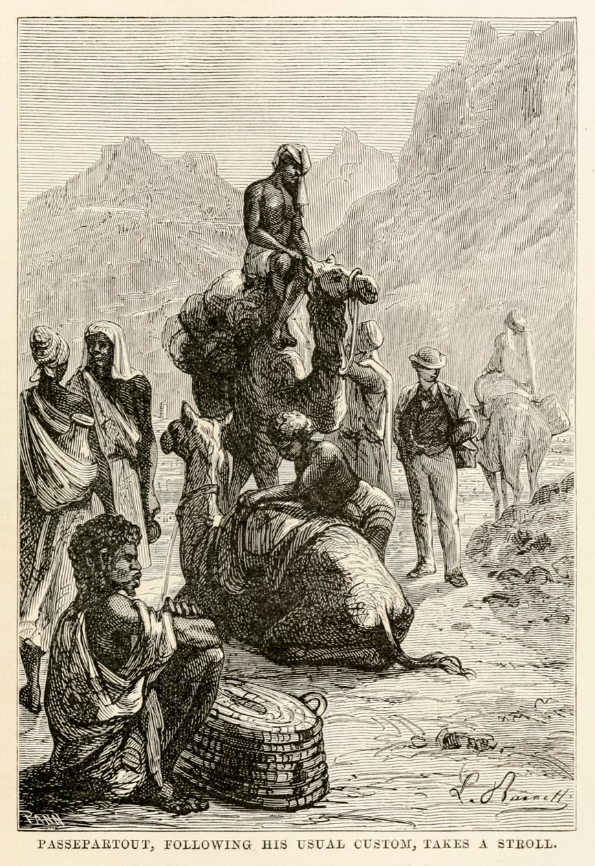 Passepartout se podle svého obvyklého zvyku vydává na procházku, z knihy Cesta kolem světa za osmdesát dní od Julese Verna (1828-1905), vyryl Adolphe François Pannemaker (1822-1900), 1873 od Hippolyte Leon after Benett