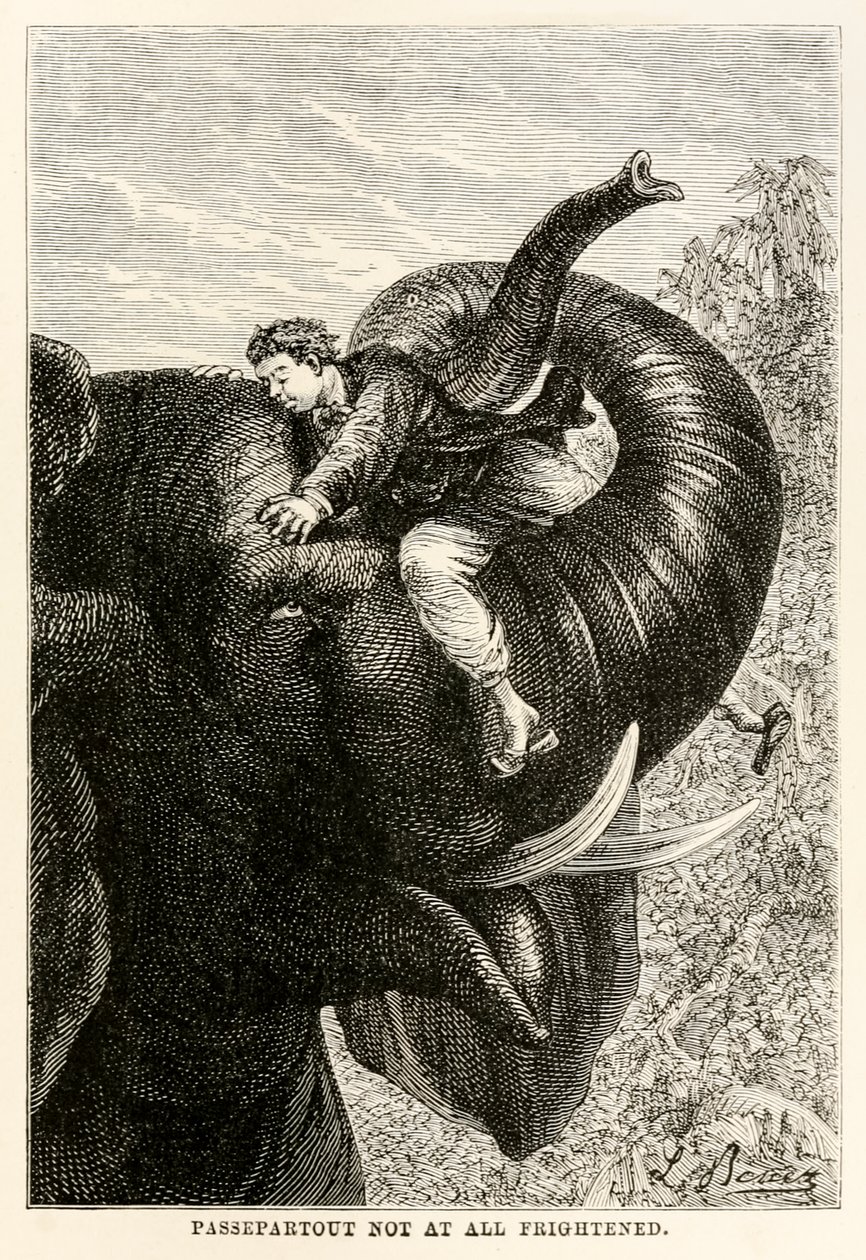 Pasparta vůbec nevyděšená, z filmu Cesta kolem světa za osmdesát dní od Julese Verna (1828-1905), 1873 od Hippolyte Leon after Benett