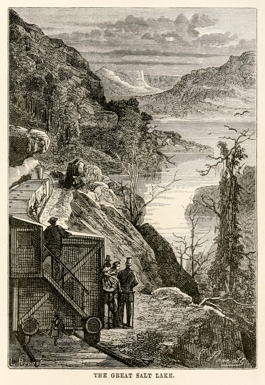 Velké solné jezero, z cesty kolem světa za osmdesát dní od Julese Verna (1828-1905), vyryto Prévostem, 1873 od Hippolyte Leon after Benett