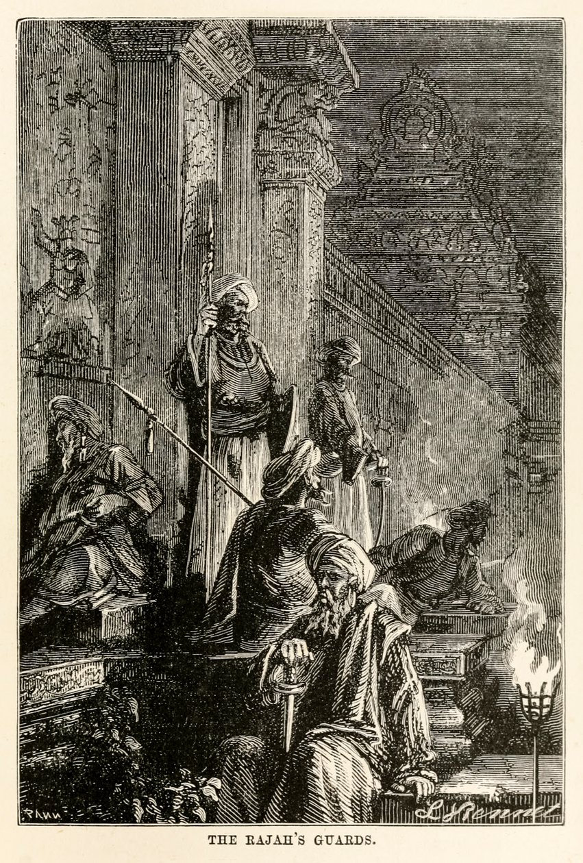 Strážci Rajahs, z knihy Cesta kolem světa za osmdesát dní od Julese Verna (1828-1905), vyryl Adolphe François Pannemaker (1822-1900), 1873 od Hippolyte Leon after Benett