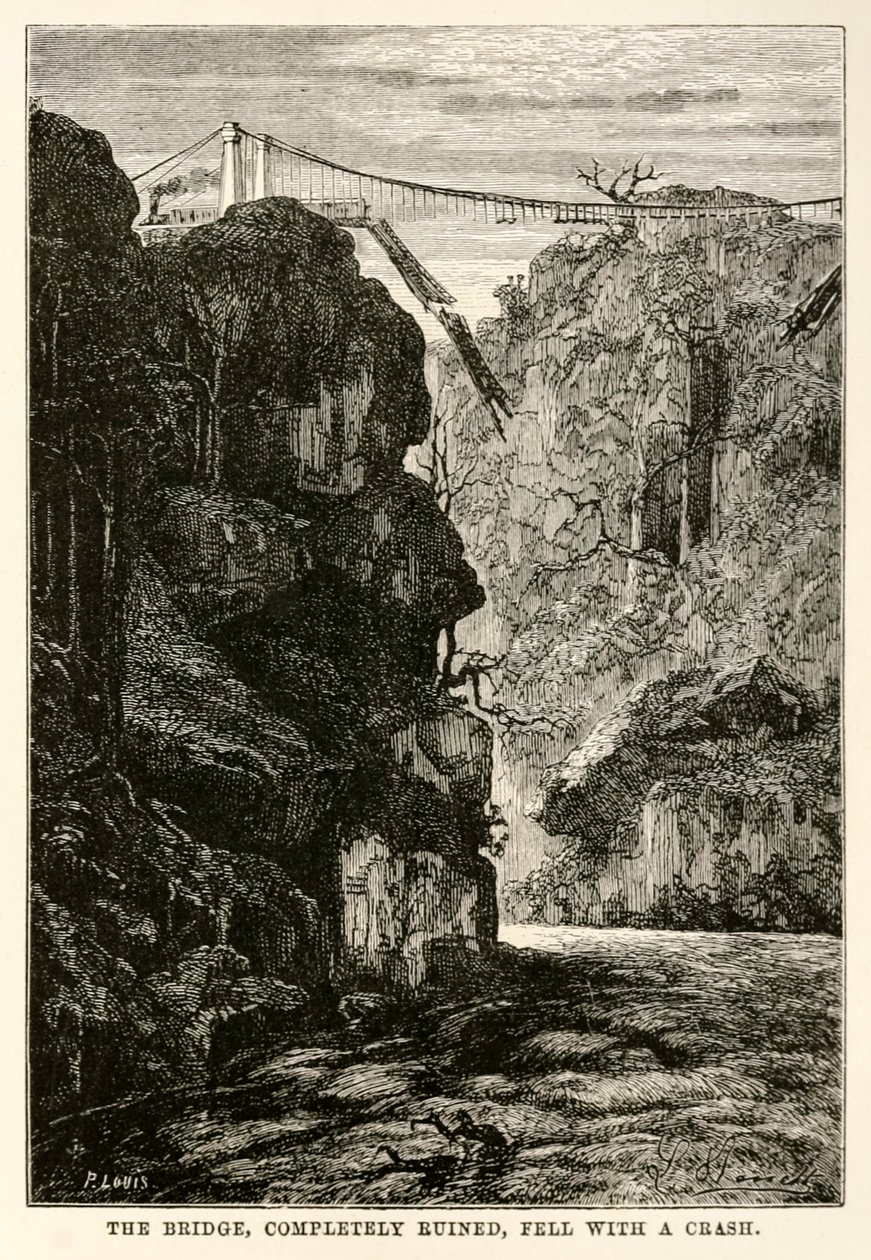 Most, zcela zničený, spadl s havárií, z Cesta kolem světa za osmdesát dní od Julese Verna (1828-1905), vyryl Louis, 1873 od Hippolyte Leon after Benett