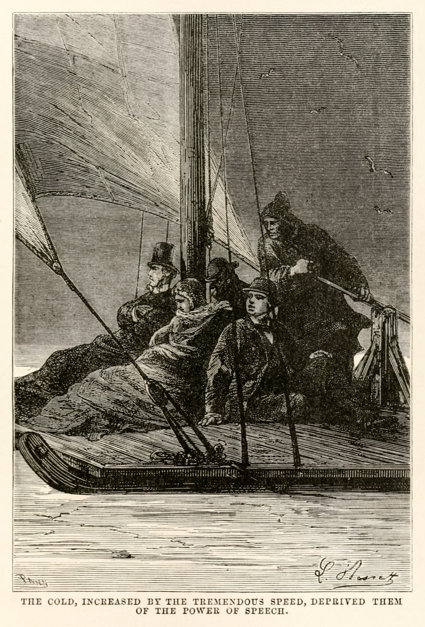 Chlad, umocněný ohromnou rychlostí, je připravil o sílu řeči, z knihy Cesta kolem světa za osmdesát dní od Julese Verna (1828-1905), kterou vyryl Adolphe François Pannemaker (1822-1900), od Hippolyte Leon after Benett