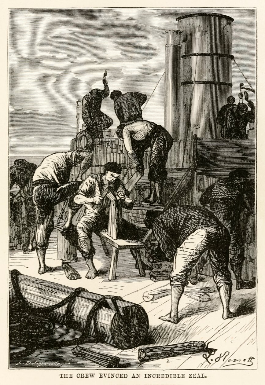 Posádka prokázala neuvěřitelnou horlivost, z knihy Cesta kolem světa za osmdesát dní od Julese Verna (1828-1905) vyryla Louis Dumont (nar. 1822), 1873 od Hippolyte Leon after Benett